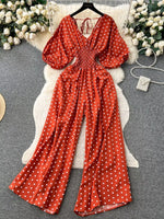 Smocked V-Neck Wide Leg Jumpsuit
