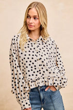 BiBi Crinkle Polka Dot Ruffled Hem Button Up Shirt Top
