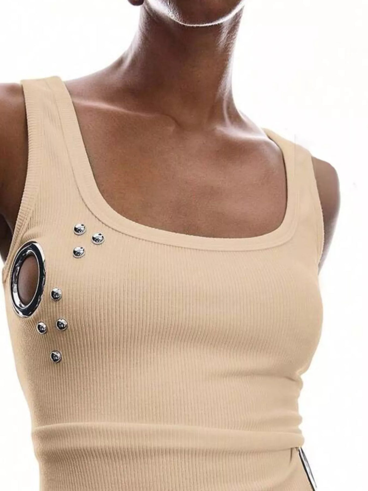 Ribbed Tank Top with Metal Grommet Cutouts and Stud Embellishments