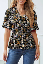 Floral Print V Neck Smocked Babydoll Blouse