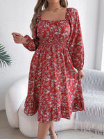Floral Print Long Sleeve Square Neck Midi Dress