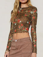 Leopard Floral Round Neck Long Sleeve Mesh T-Shirt