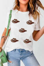 Sequin Hat Round Neck Short Sleeve T-Shirt
