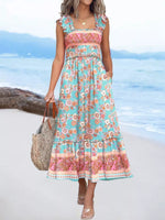 Tropical Palm Print Square Neck Midi Dress