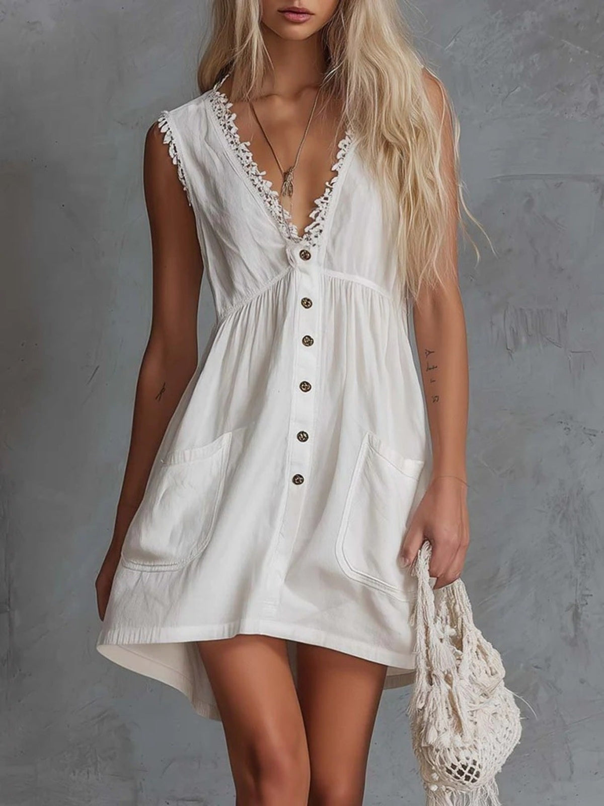 Sleeveless V-Neck Mini Dress with Pockets