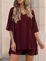 Full Size Casual Loose V-Neck T-Shirt & Shorts Set Plus Size