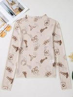 Western Print Slim Fit Mesh Long Sleeve Mock Neck Top
