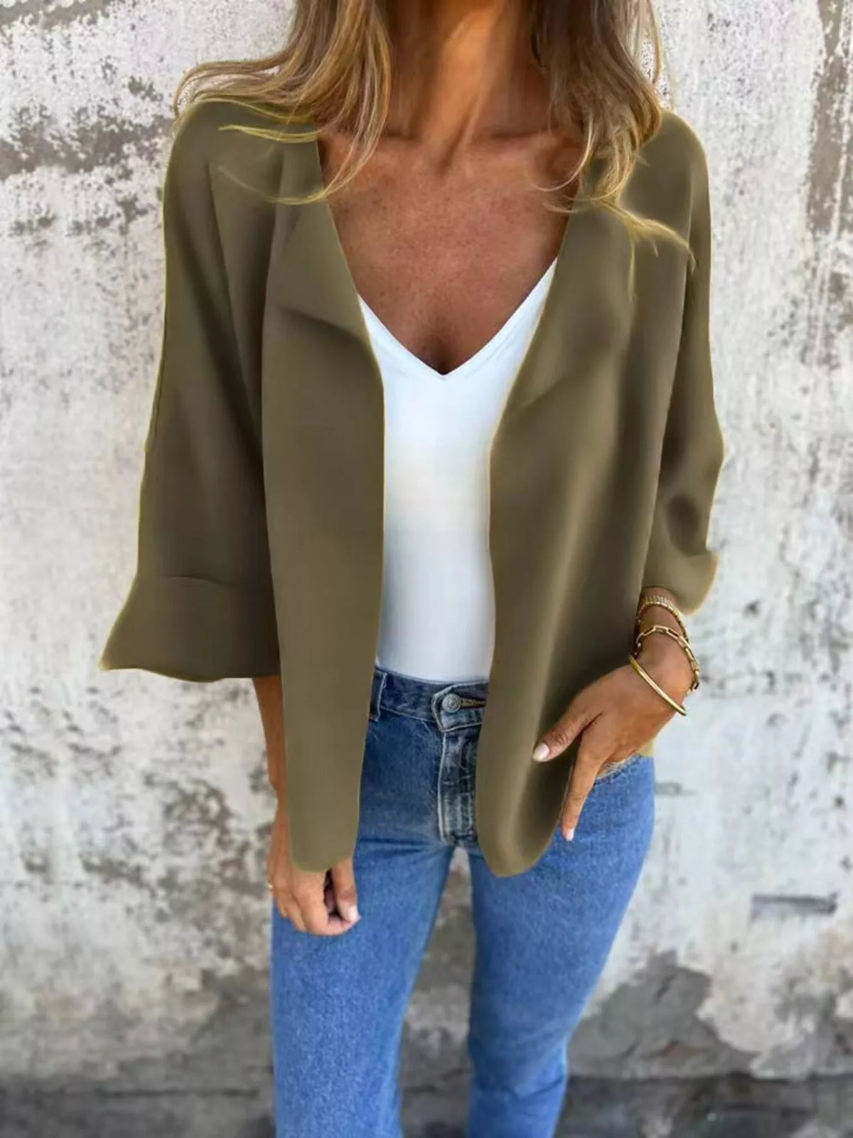 Full Size Open Front 3/4 Sleeve Casual Cardigan Plus Size