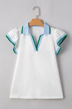 Contrast Ruffled Sleeve Collared V Neck Blouse
