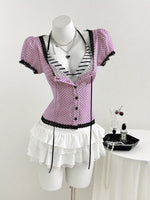 Polka Dot Lace Trim Puff Sleeve Top