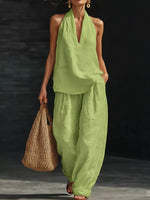 Full Size Halter Neck Top and Wide Leg Pants Set Plus Size