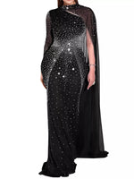 Rhinestone Embellished Cape Maxi Dress