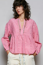 POL Eyelet Lace Split Neck Gathered Empire Waist Cotton Blouse