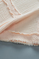 Textured Frayed Trim Half Button Short Sleeve Top