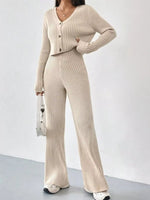 Ribbed Knit Button Up Top and Pants Set