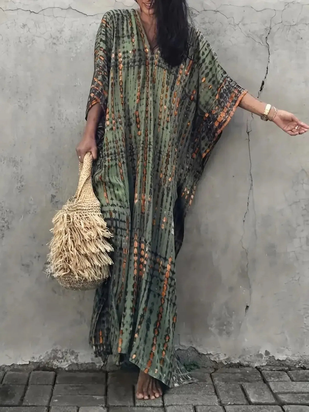 Tie-Dye V-Neck Maxi Dress with Flowy Sleeves