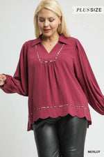 Umgee Full Size Linen Scallop Hem Blouse with Contrast Trim Plus Size