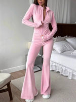 Zip-Up Crop Top and Flared Pants Two-Piece Set