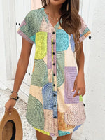 Geometric V-Neck Short Sleeve Button-Front Dress