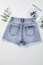 Pearl Studded Pockets Raw Hem Denim Shorts