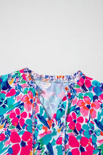 Mixed Floral Print Tie Neck Short Sleeve Dress