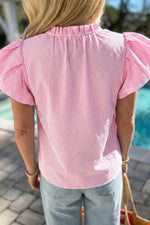 Stripe Short Bubble Sleeve Split V Neck Blouse