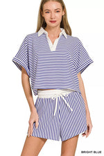 Zenana Striped Collared Top & Shorts Set