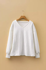 Solid Color Textured V Neck Drop Shoulder Knit Top
