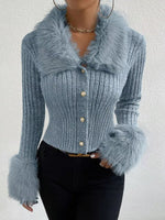 Faux Fur Trim Ribbed Knit Cropped Cardigan