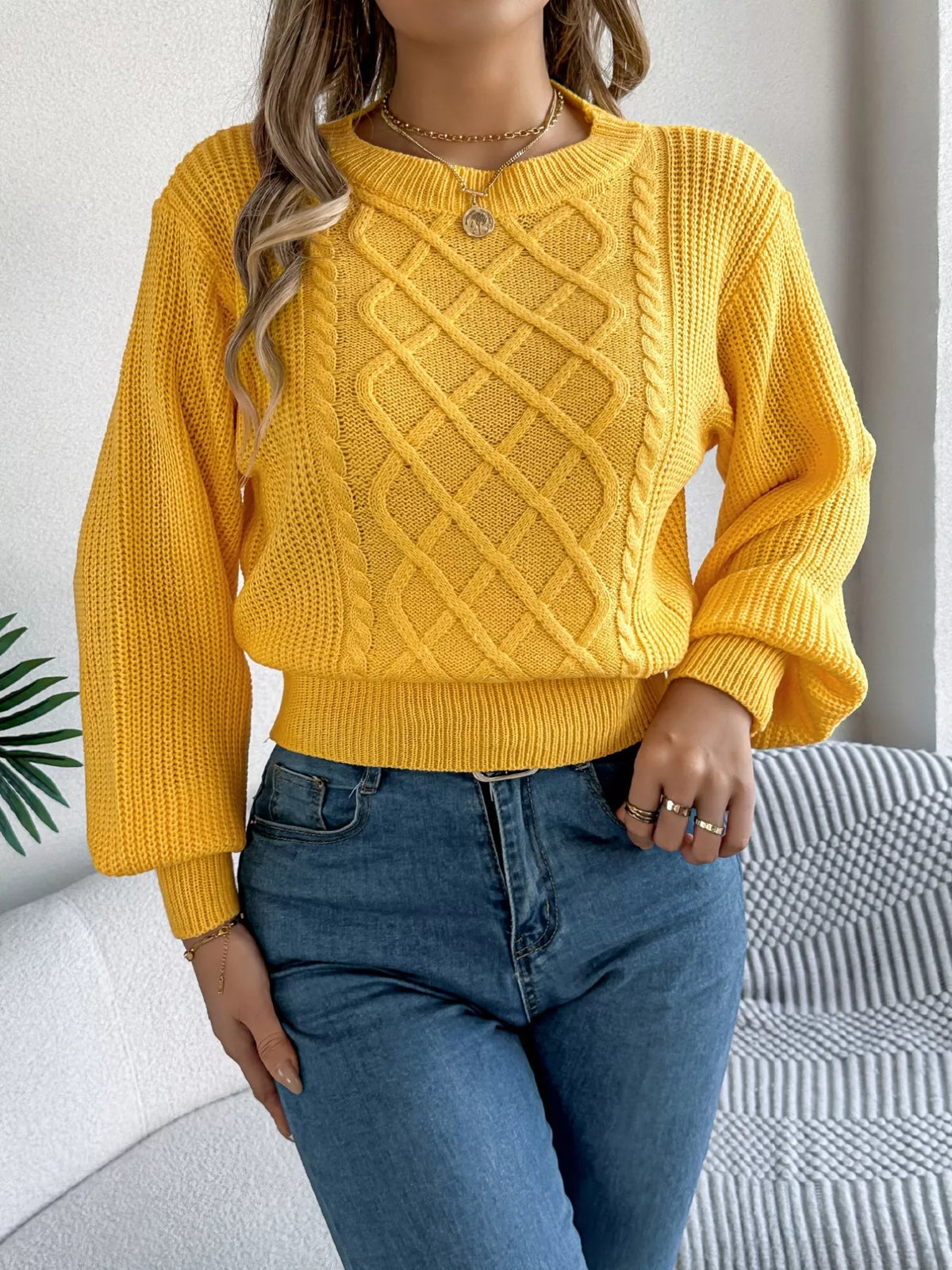 Cable Knit Diamond Pattern Long Sleeve Sweater