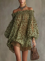 Off-Shoulder Polka Dot Sheer Mini Dress