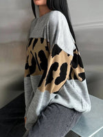 Leopard Color Block Round Neck Sweater