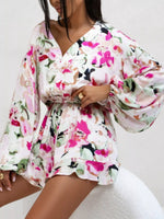 Floral V-Neck Long Sleeve Romper with Elastic Waist