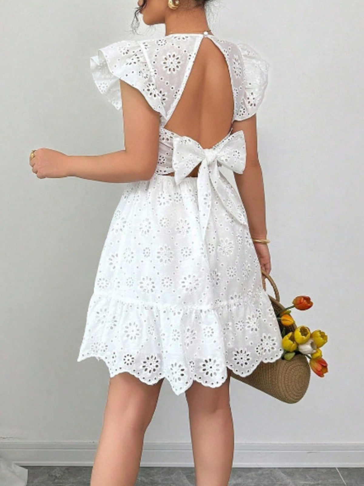 Eyelet Ruffle Sleeve Mini Dress