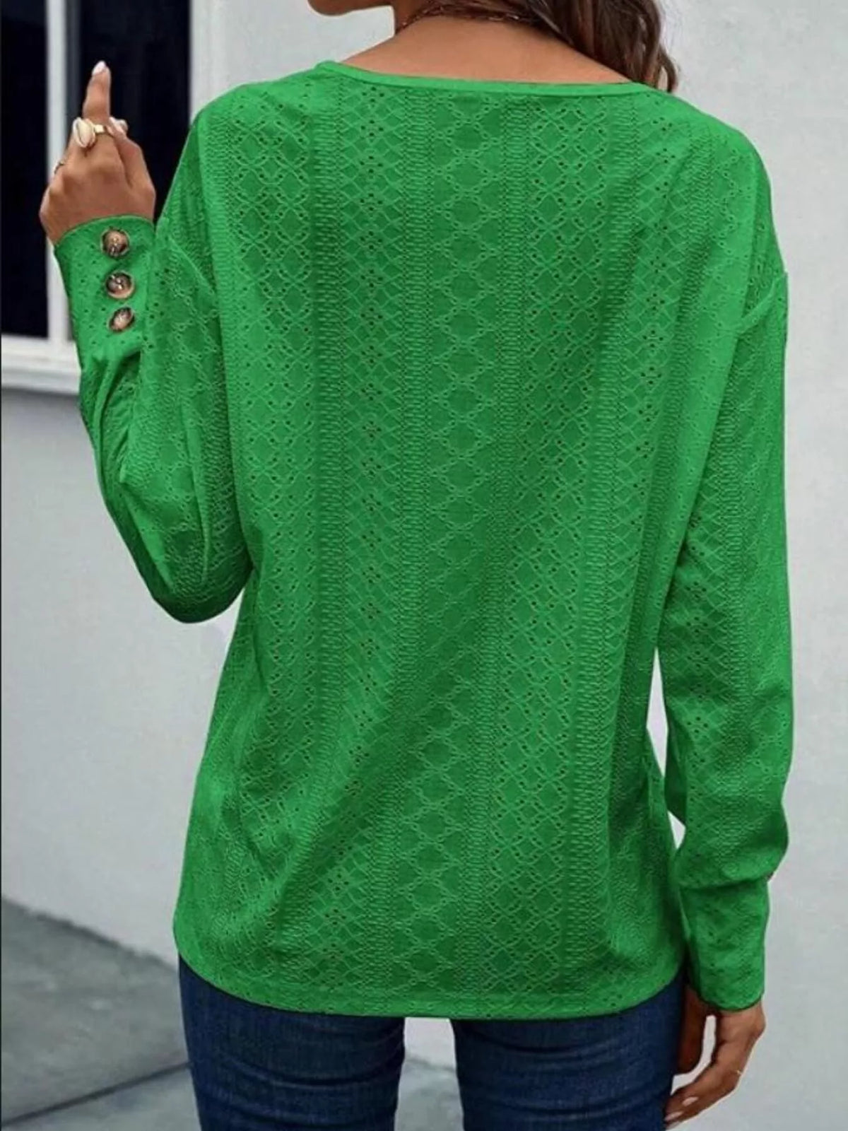 Eyelet V-Neck Long Sleeve Blouse