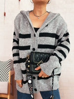 Striped Button-Up Hooded Cardigan
