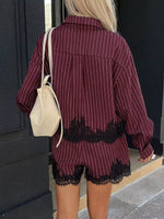 Lace Trim Striped Button-Down Shirt and Shorts Set