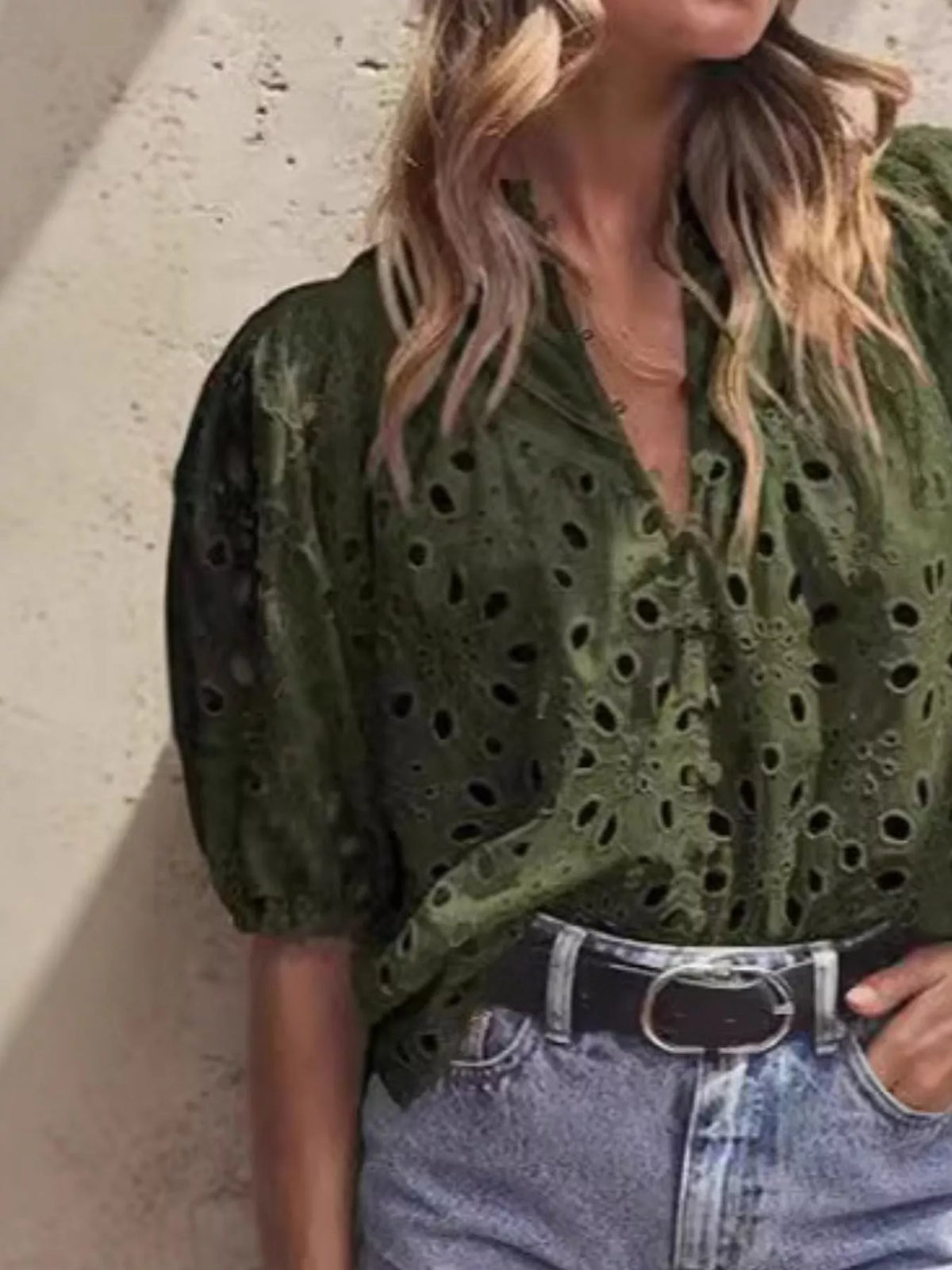 Eyelet Embroidered Puff Sleeve Blouse