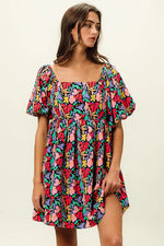 BiBi Floral Print Puff Square Neck Dress