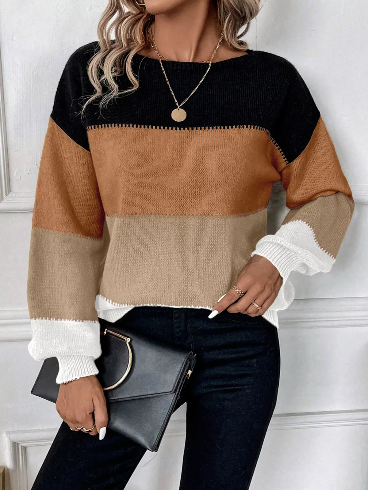 Color Block Round Neck KnitSweater