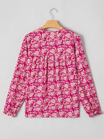 Floral Print Split Neck Pleated Long Sleeve Blouse