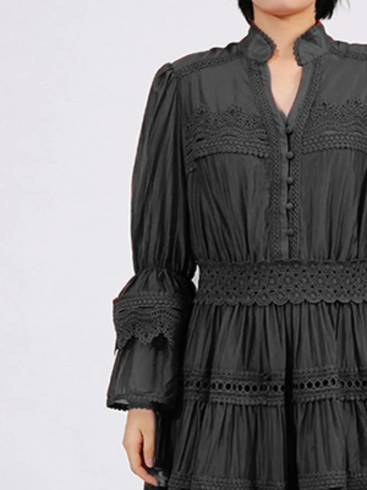 Ruffle Lace Trim Long Sleeve Dress