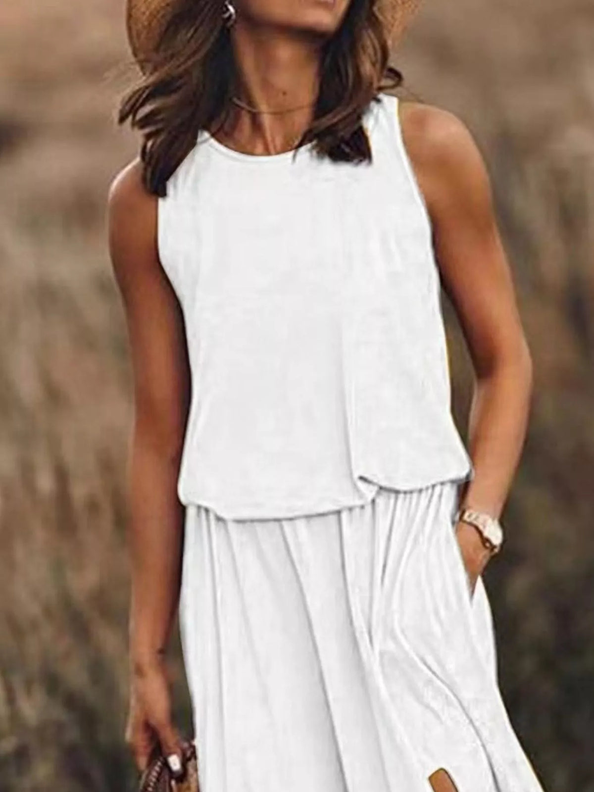 Full Size Round Neck Sleeveless Slit Maxi Dress Plus Size