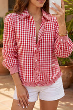 Plaid Long Sleeve Button Down Frill Detail Casual Shirt