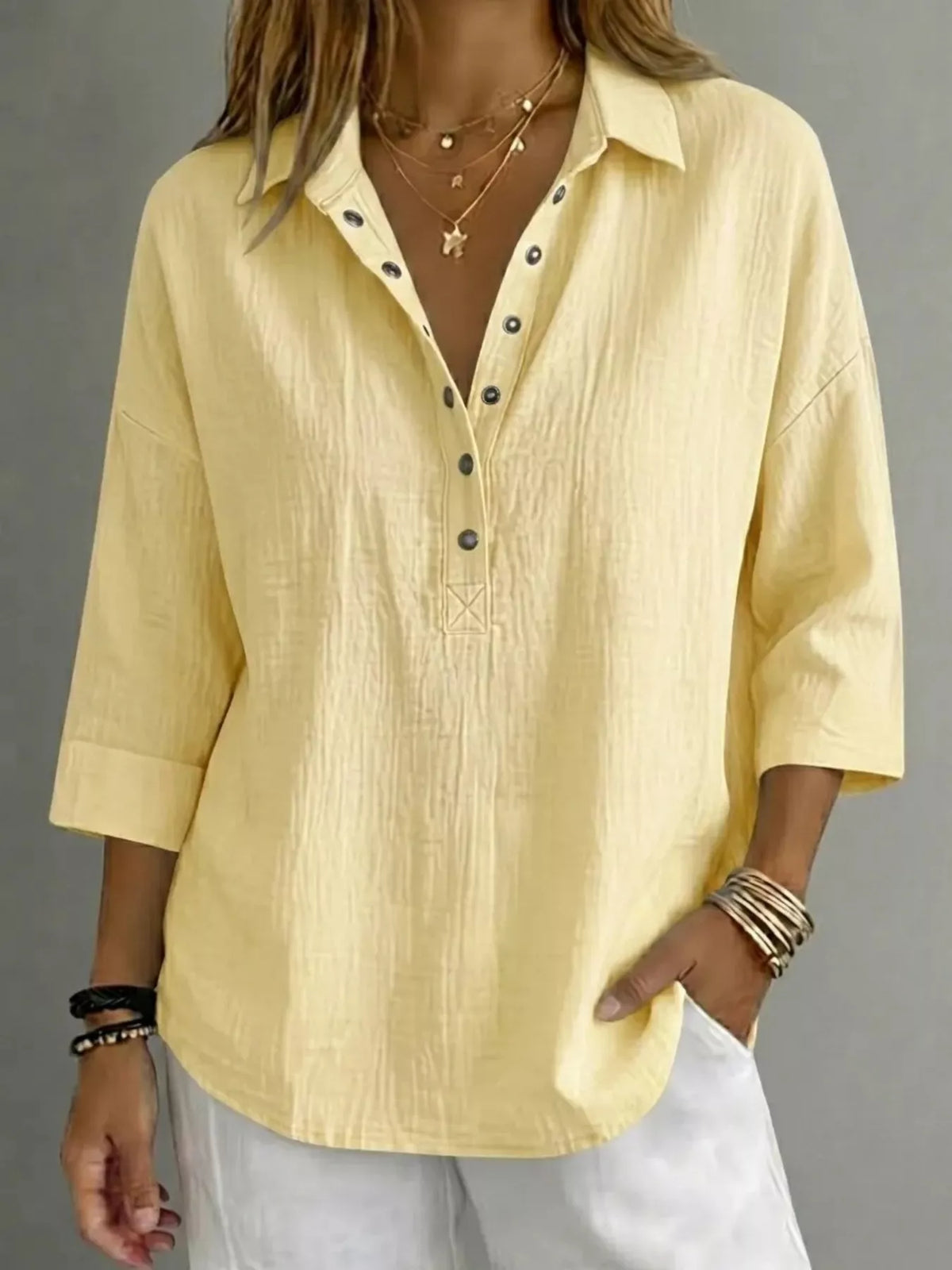 Full Size Snap Down 3/4 Sleeves Blouse Plus Size
