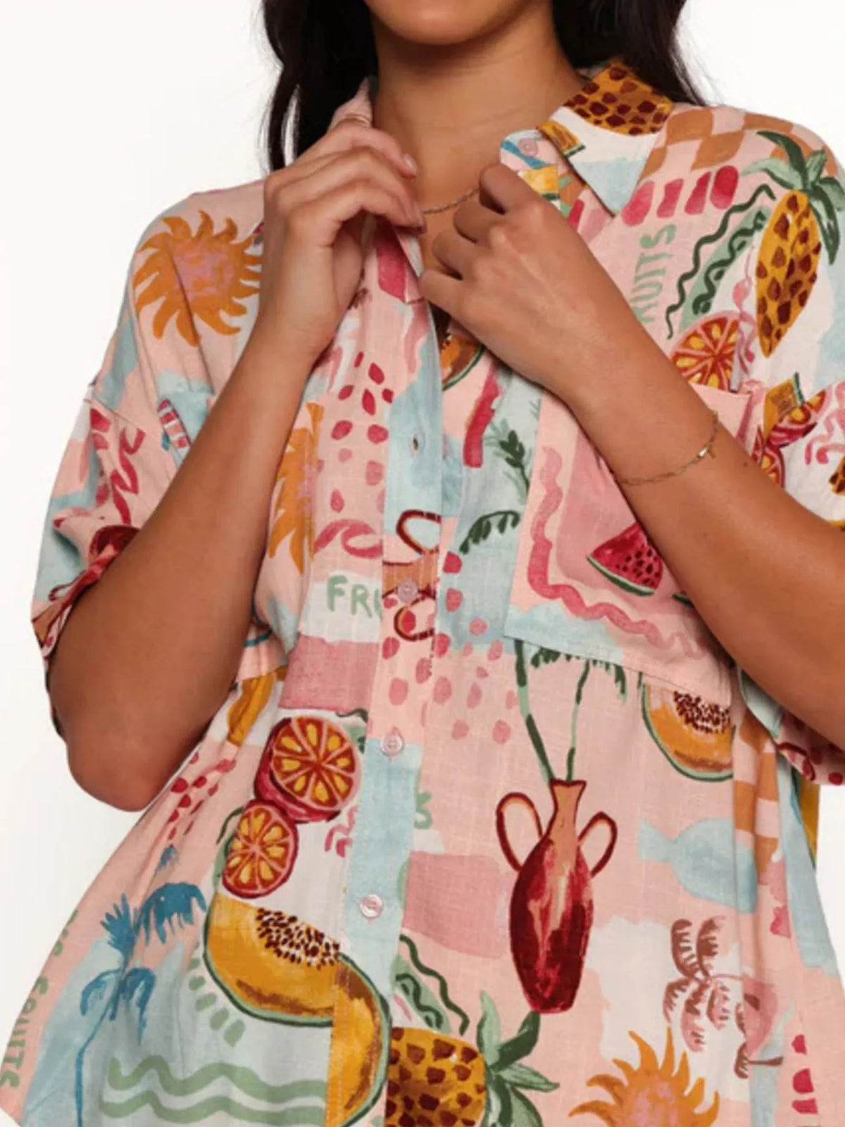 Printed Button Up Shirt and Shorts Set
