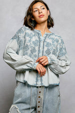 POL Floral Embroidered Button Down Long Sleeve Shirt