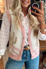 Color Block Trim Button Front Cactus Pattern Western Sweater Vest