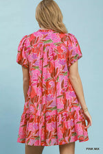 Umgee Tropical Floral Puff Sleeve Tiered Mini Dress