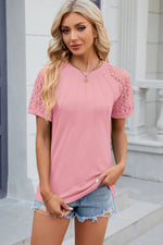 Openwork Round Neck Short Sleeve T-Shirt
